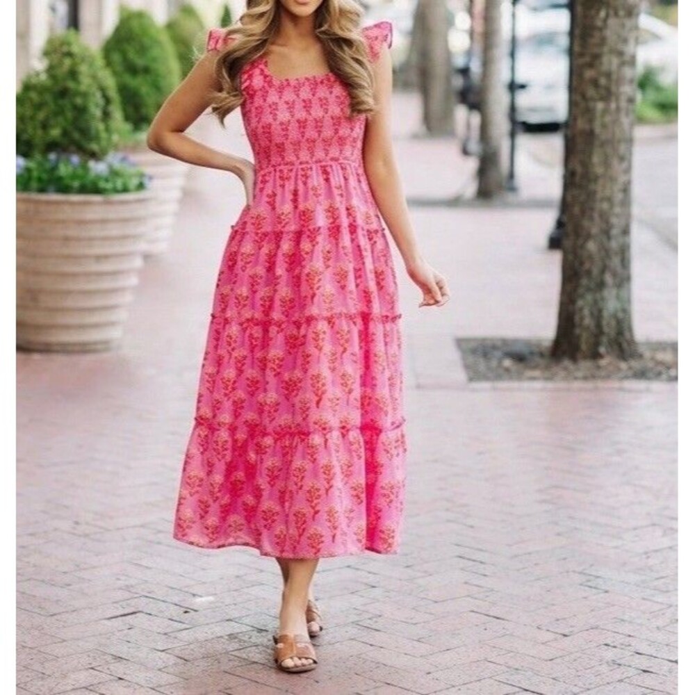 J. Marie Elena Floral Smocked Tiered Sundress Size M  Pockets Cottage NWOT